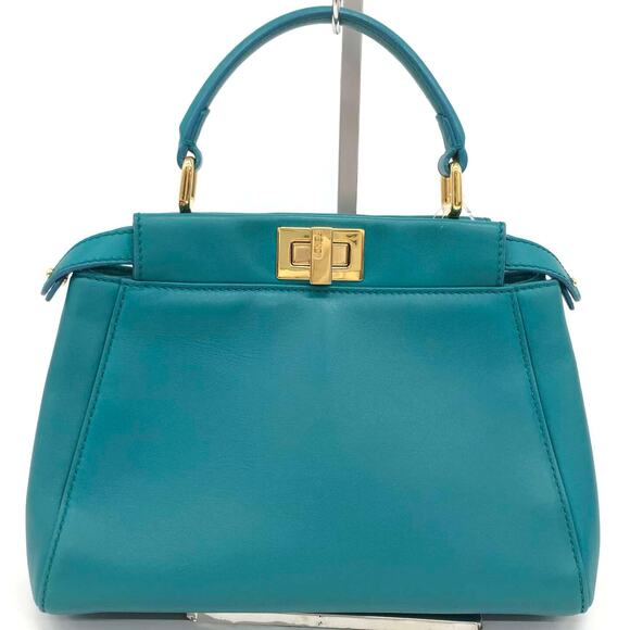 Fendi Teal Mini Peekaboo Bag Nappa Iconic Satchel Lago Teal Shoulder Handbag - Picture 3 of 15